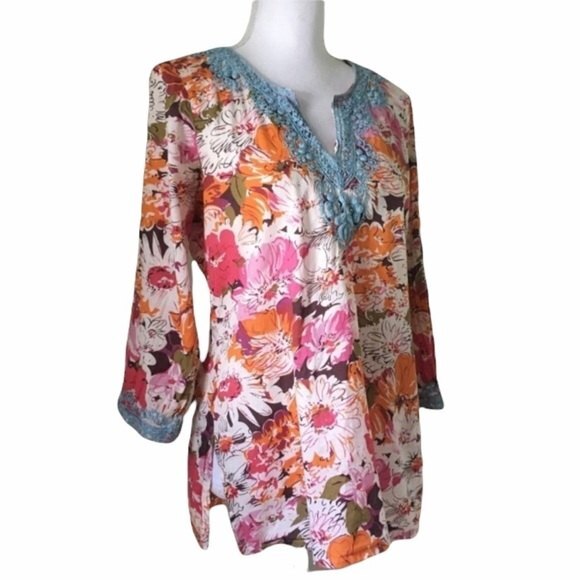 Sundance Split Neck Embroidered Floral Quarter Sleeve Length Cotton Tunic XS - Picture 1 of 9